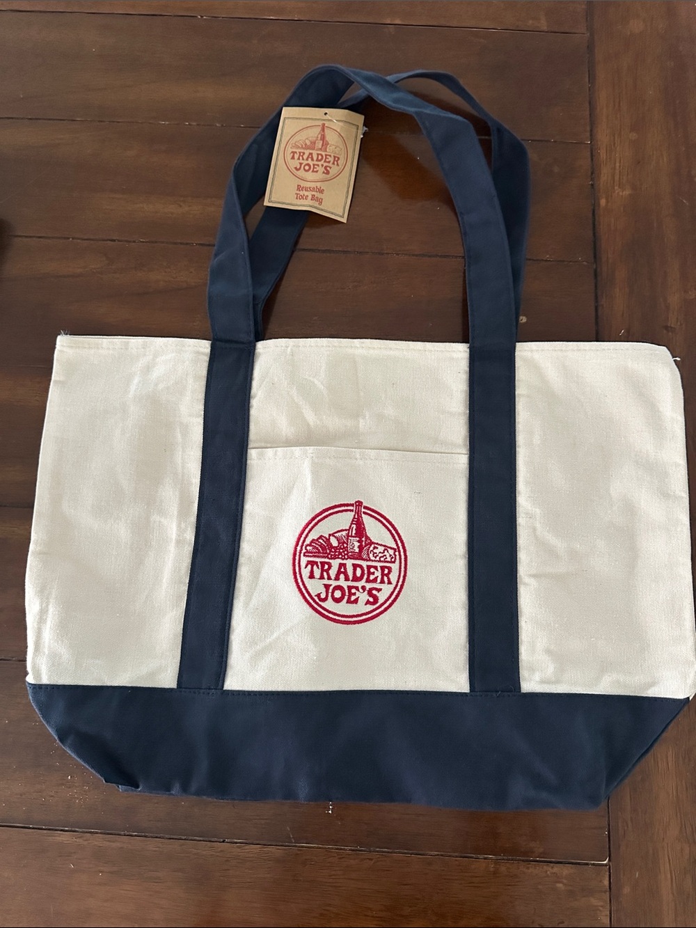 Trader Joe's Canvas Tote Bag in Cream and Navy with Red Logo NWT